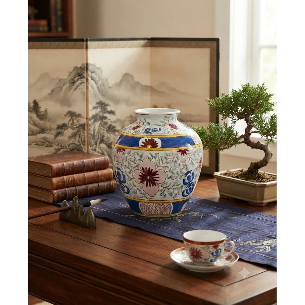 Vintage Chinese Porcelain Floral Vase Hand Painted Chinoiserie Blue Red 9 Inch